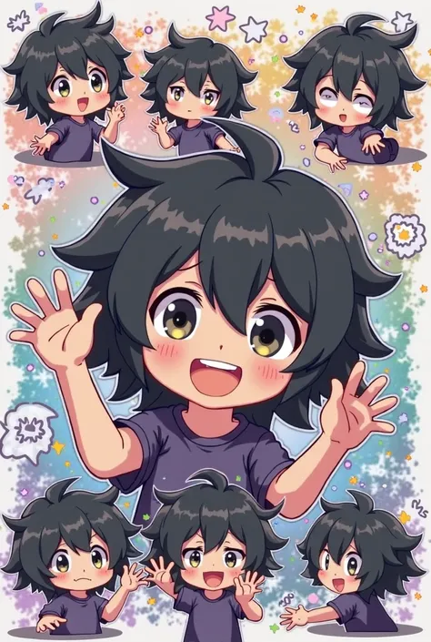 Persona chibi anime with disheveled black hair in various poses to be my best on Twitch and thus interact with my followers, I want them to be Twitch emotes