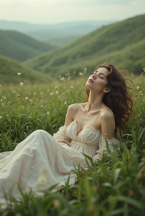 a landscape with a beautyful pale woman with curly brown hair, lying on the grass with a long dress, full body