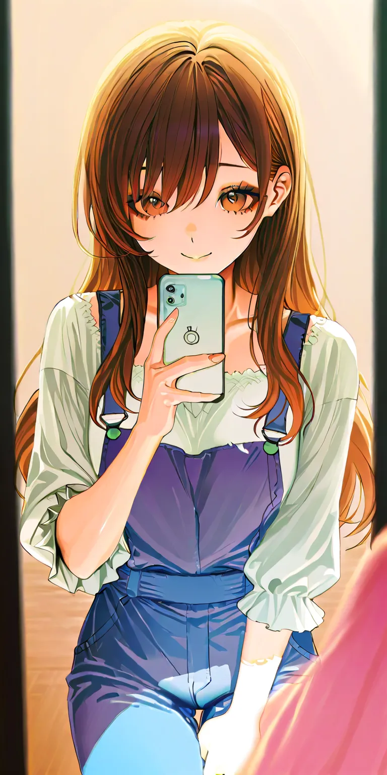 depicts a brightly smiling woman holding a smartphone in her right hand and holding it in her ear, As if you were on the phone. The woman has medium-length, straight brown hair.、 natural makeup . she wears a white blouse . The background is bright、 natural...