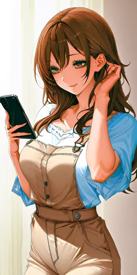 depicts a brightly smiling woman holding a smartphone in her right hand and holding it in her ear, As if you were on the phone. The woman has medium-length, straight brown hair.、 natural makeup . she wears a white blouse . The background is bright、 natural...