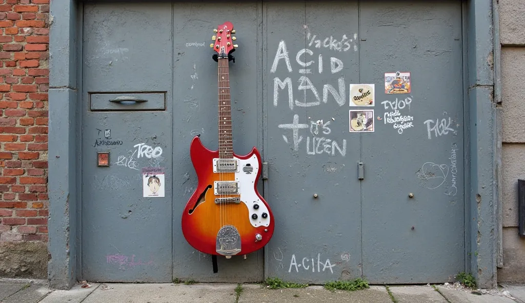 Gray wall、Rickenbacker pictures and letters , きれいな壁for銘文があります ,One image of Rickenbacker is attached ,  In capital letters  "Acidman" It says,  is an image of Rickenbacker are attached ,  graffiti ,   It's written , One image of Rickenbacker is attached , ...