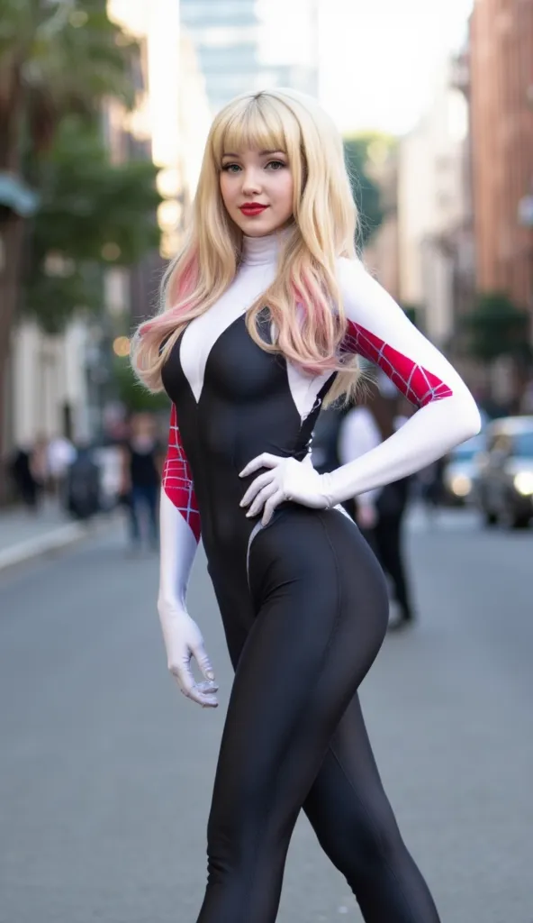 Dove Cameron dressed as Spider-Gwen, No wearing mask, Blonde and pink hair, Long hair, Wavy hair, Young, Thin body, Perfect body, Tight Spider-Gwen suit, Smiling,Red lips, beautiful, Small waist,big hips, hands on hips pose, Abs,Navel stickout,In city, loo...