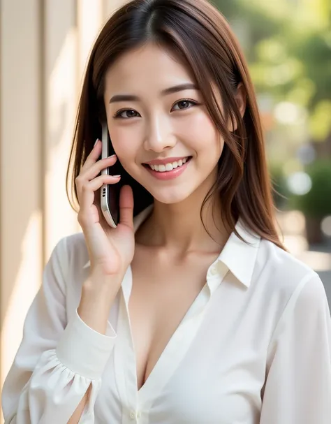 depicts a brightly smiling woman holding a smartphone in her right hand and holding it in her ear, As if you were on the phone. The woman has medium-length, straight brown hair.、 natural makeup . she wears a white blouse . The background is bright、 natural...