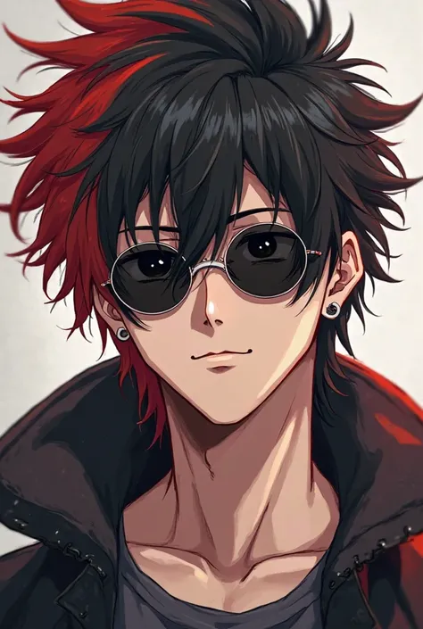 creates an avatar of an anime guy, Gojo's face in Jujutsu Kaisen, has black tousled hair with almost 1 side of red hair, wearing round black sunglasses, cool black eyes , wearing evisu ring bridge, drawn in a style or figure that is not too real, 4K, 8k