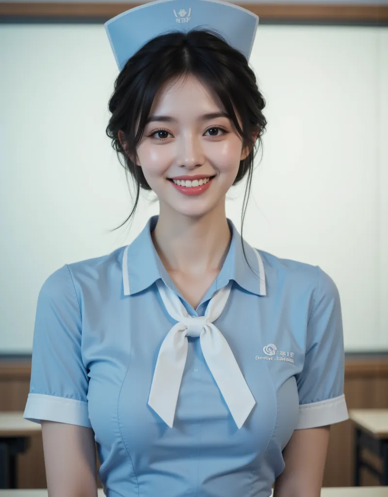 (A super cute Korean female teacher is standing in front of a whiteboard with a smile:1.2)(Grinning,Spreading smiles)(Beautiful Makeup:1.1)(16k,  RAW photos , Highest quality, masterpiece: 1.2)(black hair shortcut:1.2) Super Detail, super resolution, (Genu...