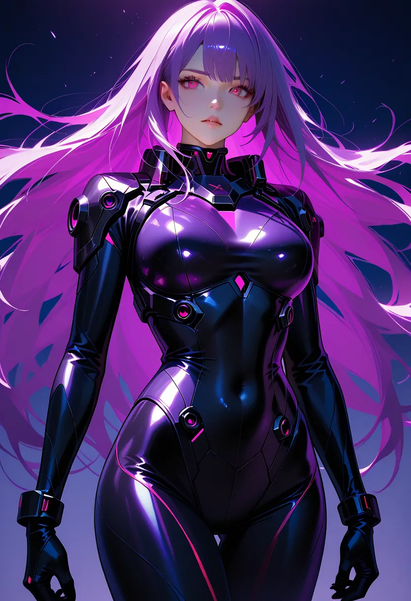 A woman with long, purple hair, light pink-red eyes, a beautiful face, and wearing black high-tech armor.