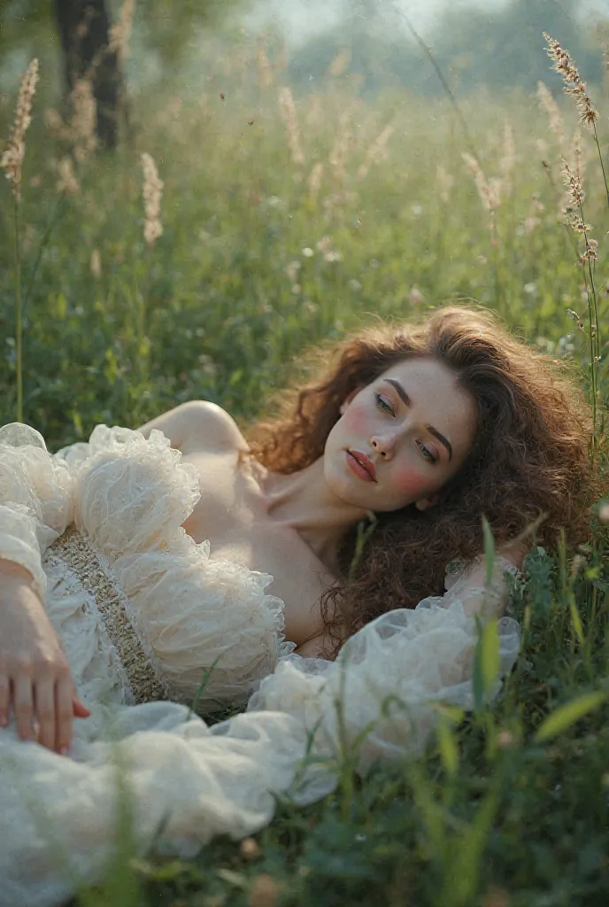 a landscape with a beautyful pale woman with curly brown hair, lying on the grass with a dress, full body