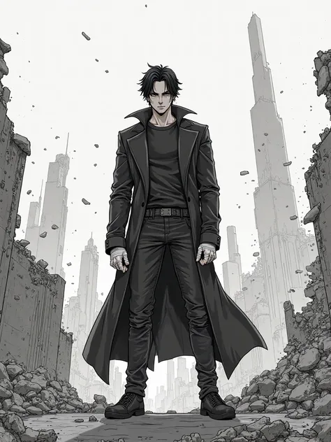 Handsome young man with black hair in a black long coat, wearing a black sweater , squats on the roof of a ruined city. The man's hands are bandaged.
 line art 


