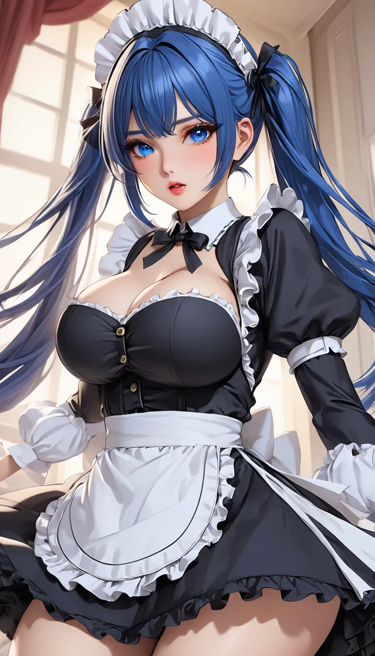 ((Busty Bitches)), score_9, score_8_up, score_7_up, source_anime, highly detailed, 1girl, ultra cute, ultra sexy, ultra bouncy, ultra feminine, perfect face, perfect eyes, large breasts, ecchi, cutesy, (Sexy Photoshoot), maid, blue pigtails, elaborate maid...