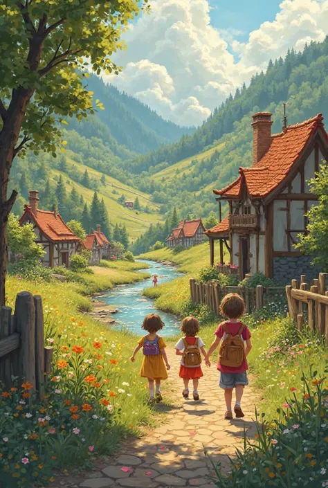  "hood Days in a Small Village" in English. It conveys nostalgic memories of growing up in a rural setting, highlighting the simplicity, innocence, and adventures shared with friends during that time.