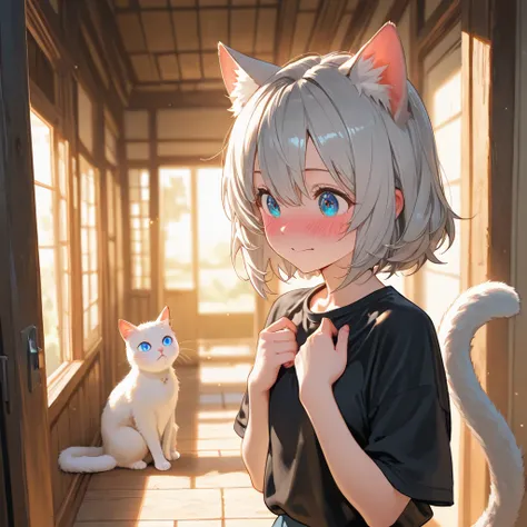 She  is a. girl with gray hair, white eye white cat tail , cat ears, a black shirt very Loose Blushing