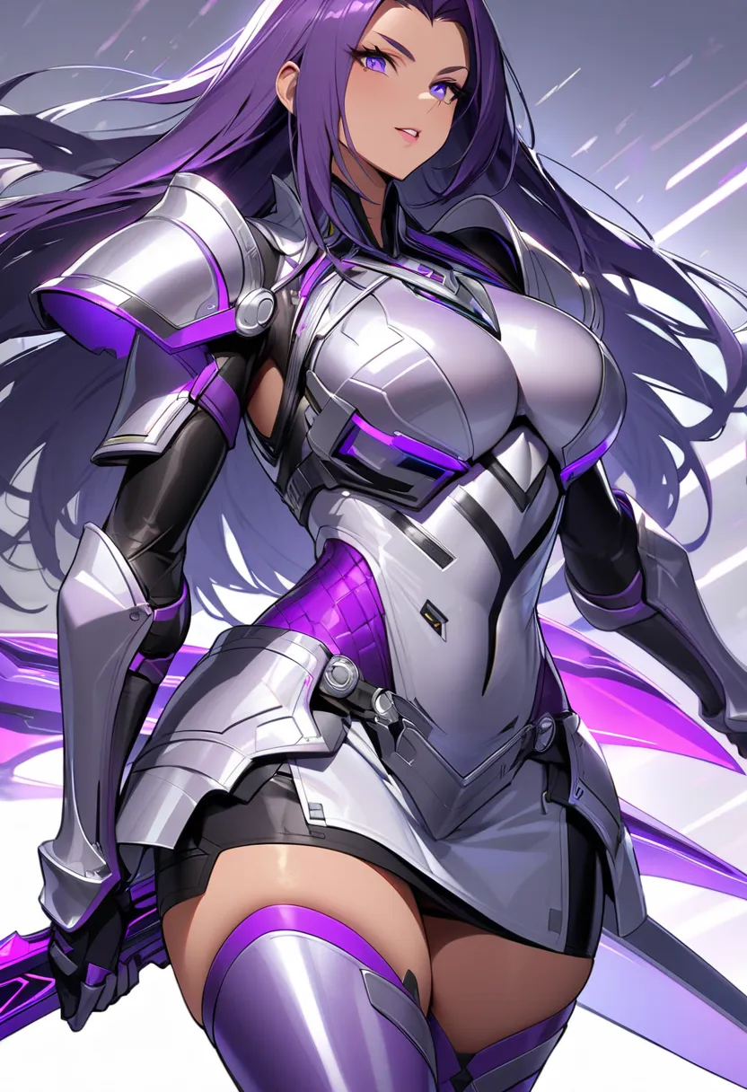 "A futuristic tall curvy female warrior in a sleek, metallic silver and purple armored outfit. The outfit includes a form-fitting chest plate, shoulder guards, gauntlets, a short skirt, and thigh-high boots, all accented with purple highlights. The charact...