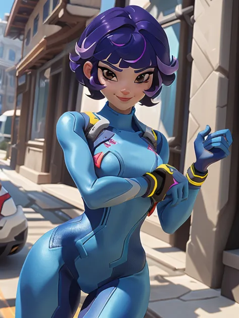 ((Best quality)), ((Masterpiece)), (detailed), perfect face, perfect figure, science-fiction setting, 1girl, Juno_Overwatch_2, short hair with curls, purple hair, bangs, brown eyes, long eyelashes, athletic and slim physique, blue bodysuit, blue gloves, Ze...