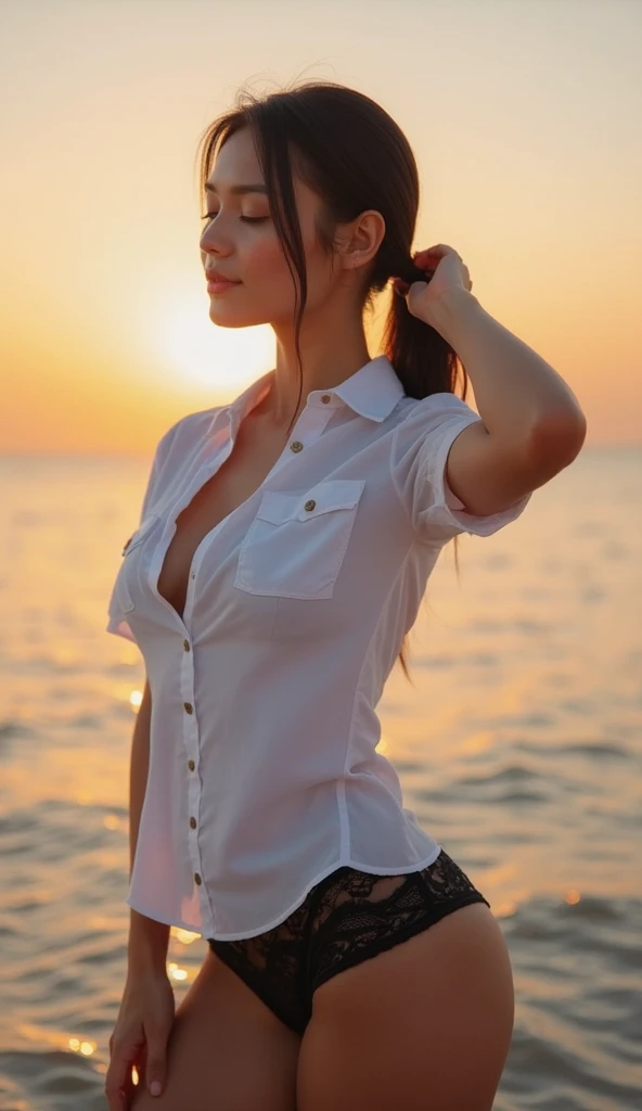 日本人のwoman、美しいモデルのwoman、 thin breasts、   small breasts、  full body view、日本人woman、Age: 25、 slim figure、slim body、Small Bust、 A cup bust、 black hair、short ponytail, woman(( white shirt), (  buttoned shirt  ), (  button gap  )),  wearing a white short sleeve s...