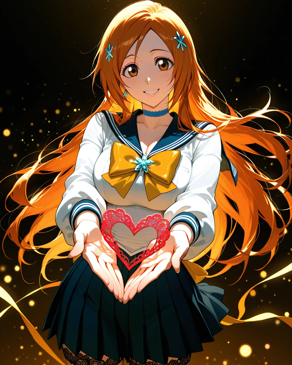 1 girl, inoue orihime/bleach, smile, heart, (Best quality, 8K, masterpiece, Ultra detailed, beautiful,), BREAK sailor venus costume, 