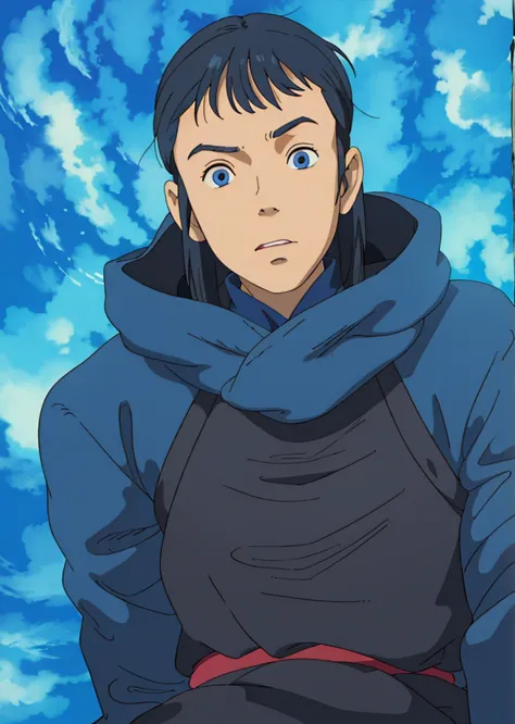 a man in a hoodie sitting in front of a blue background, miura kentaro style, tanjiro kamado, in an anime, in the anime series ergo proxy, hideaki anno anime, as an anime character, kentaro miura style, shikanosuke yagaki, tall anime guy with blue eyes, ok...