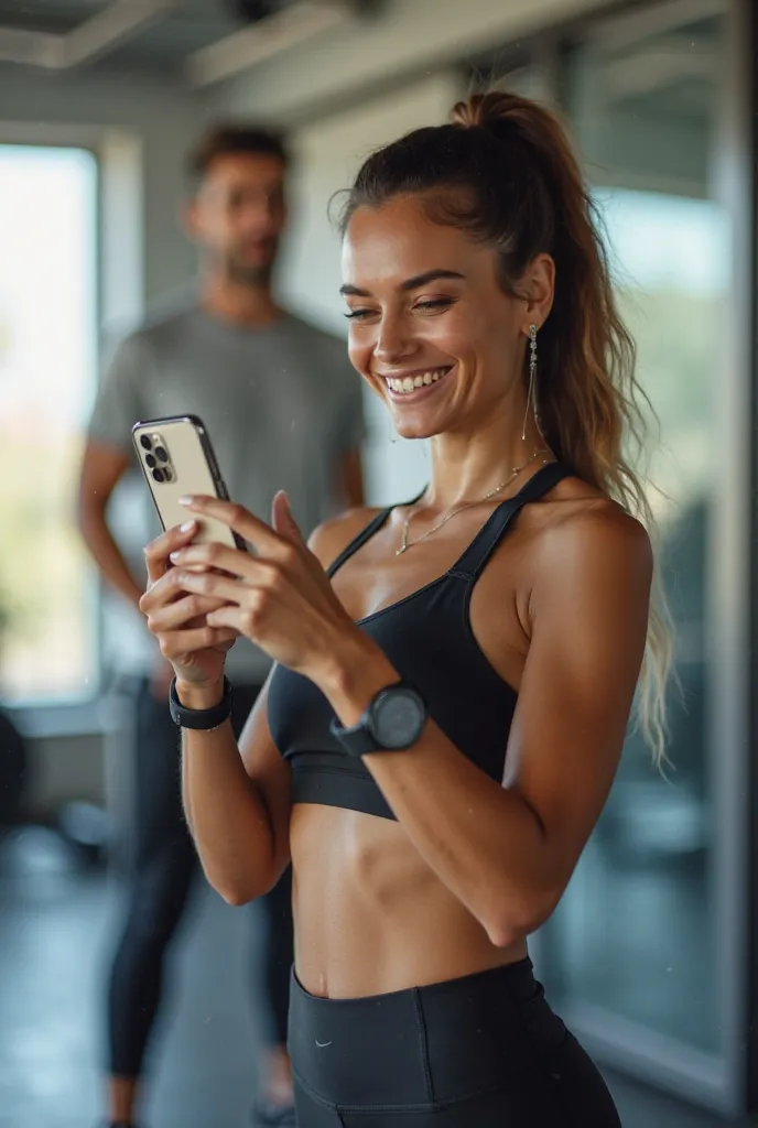 A female influencer with a cell phone in her hand taking pictures at the gym with her personal wife 