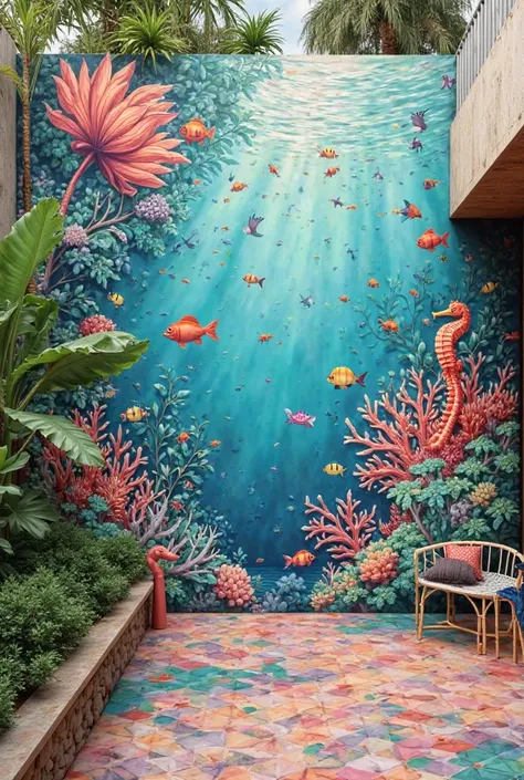 A coral and turquoise mural themed around animals, plants and mandalas for an outdoor terrace