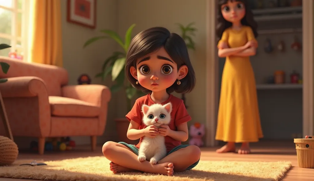 A cozy living room setting with warm lighting. Mirha, a young girl with big, hopeful eyes, sits cross-legged on the floor, cradling a tiny, fluffy  white kitten close to her chest.  mirha wearing red shirt She looks nervous yet determined as she holds the ...