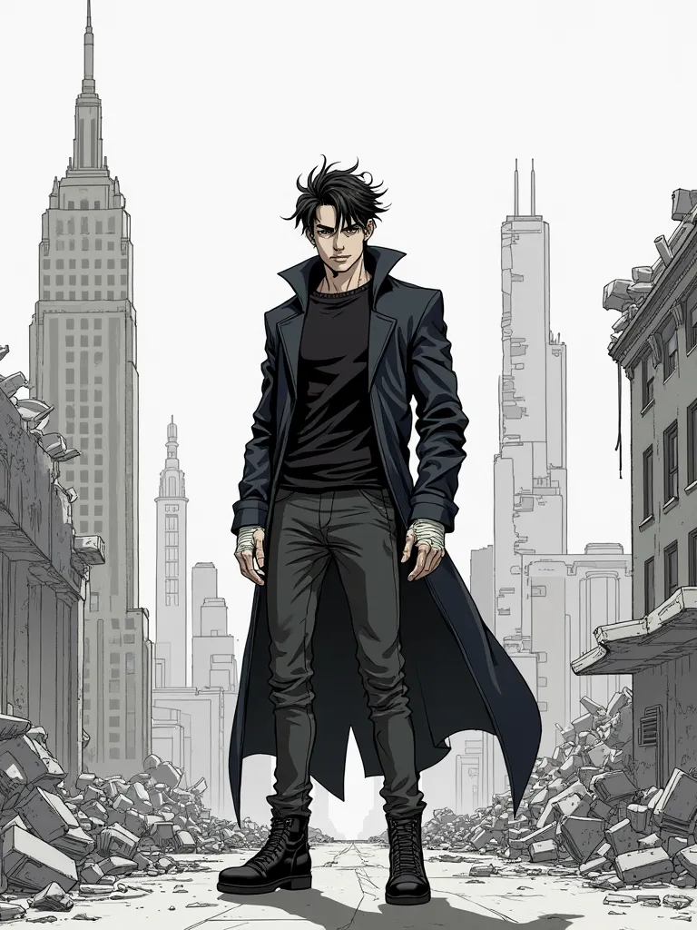 Handsome young man with black hair in a black long coat, wearing a black sweater , squats on the roof of a ruined city. The man's hands are bandaged.
 line art 


