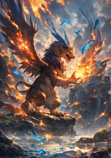  burning nature and water ,  Creature, Gryphon with blue feathers,  Anime Fantasy Illustrations ,  anime fantasy art ,