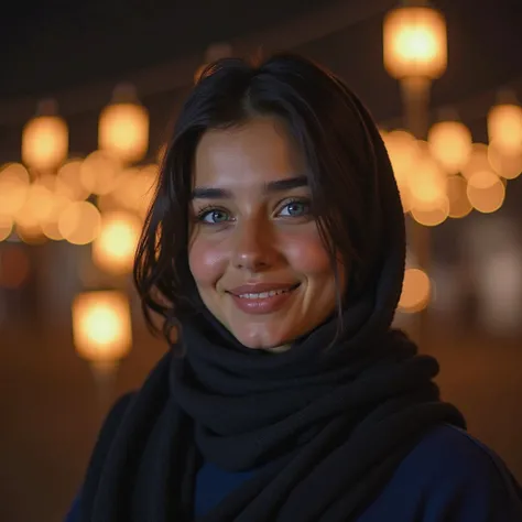 Create for me a photo of a beautiful, Egyptian, attractive girl who is eye-catching with blue eyes, wearing hijab, modern clothes, white skin, and very soft hair, fixed including her shine with main cinematography, enjoying Ramadan time in Egypt, night, ra...