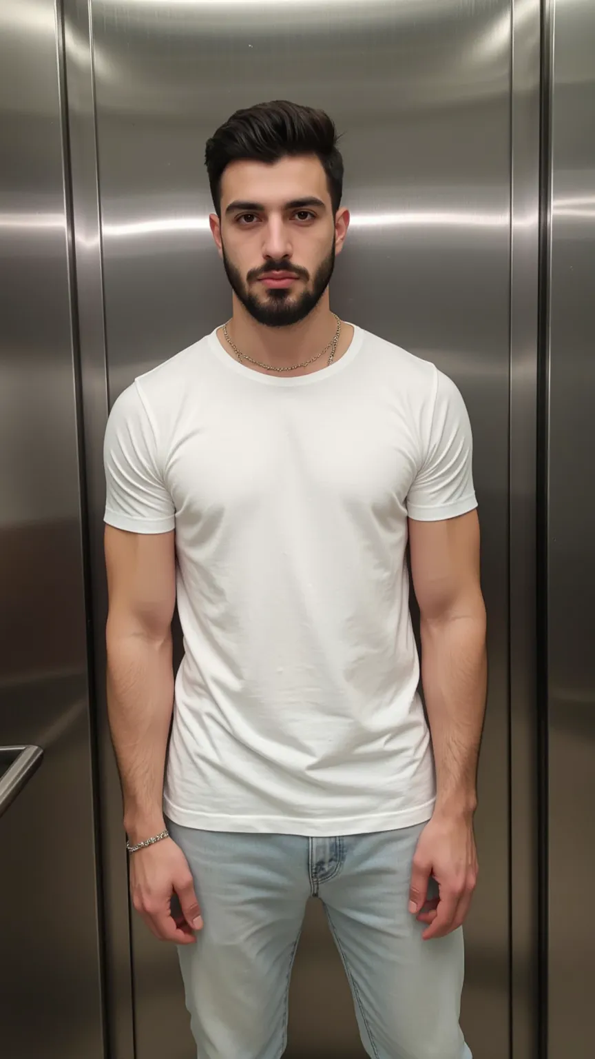 a handsome young turkish guy with muscle, dark very short hair fade and goatee beard  he wearing a white tshirt and a loose light jeans  and a thin gold chain he is in a elevator  amateur photo random picture and location is germany he has very much muscle...