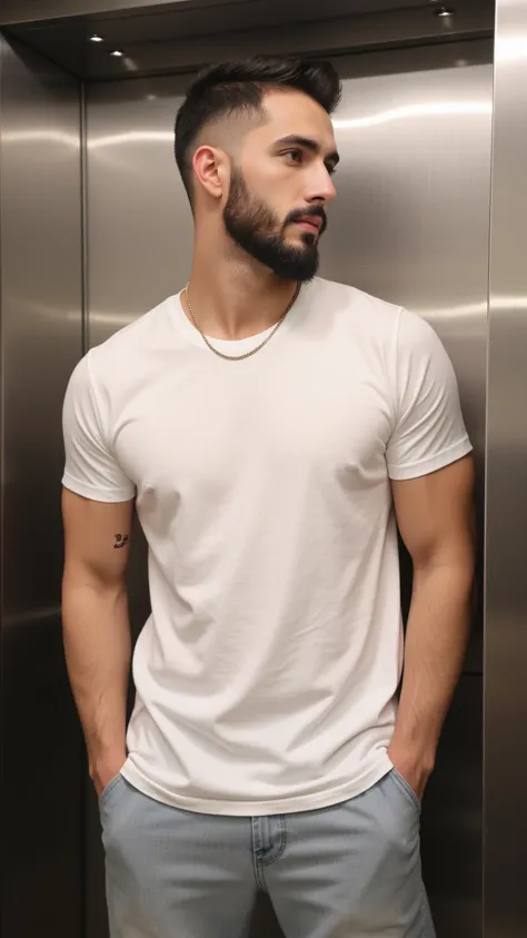 a handsome young turkish guy with muscle, dark very short hair fade and goatee beard  he wearing a white tshirt and a loose light jeans  and a thin gold chain he is in a elevator  amateur photo random picture and location is germany he has very much muscle...