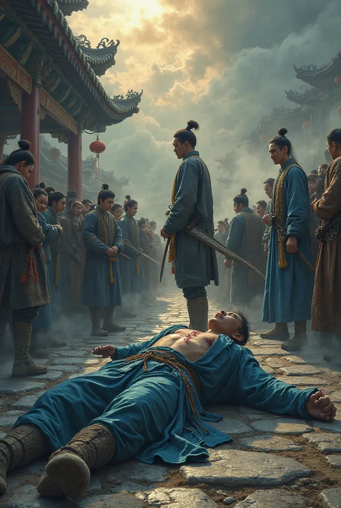 "Chinese fantasy style, dark atmosphere, a wounded ager in blue linen clothes lying on stone training ground, three bloody scars on chest, sneering crowd in embroidered robes around him, snow-booted youth stepping on his hand with sword glint, ancient arch...