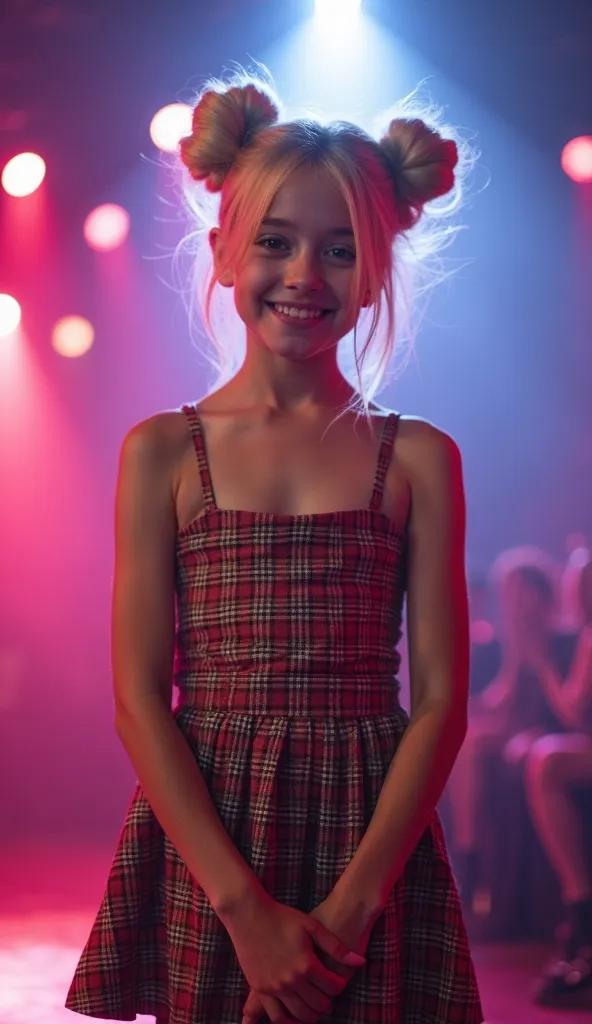 A platinum blonde 11yo Russian with buns, wearing a spaghetti strap top, a plaid skirt and a stiletto, stands straight with hands resting, a slight smile on her face, at a concert performance. The high key lighting creates a bright, vibrant atmosphere, wit...