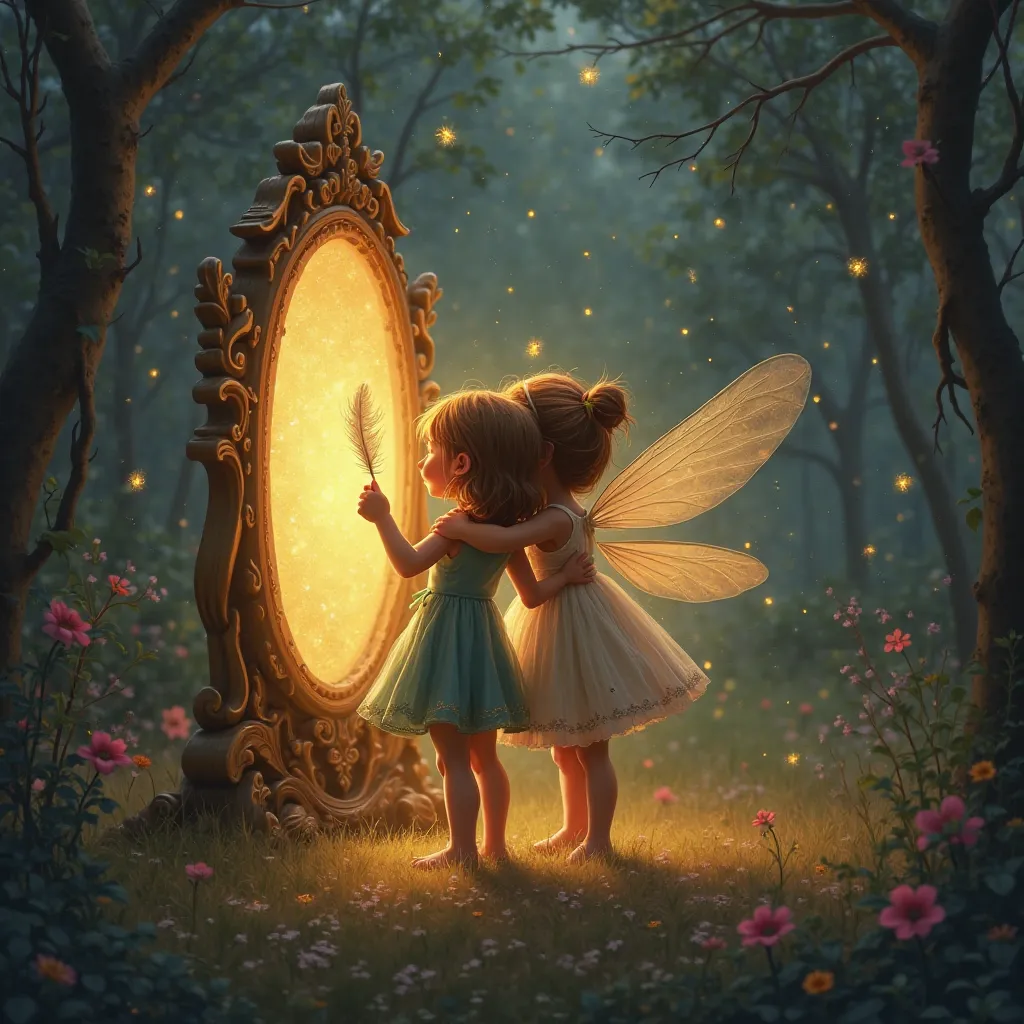 heartfelt moment where the  and the fairy stand near the glowing enchanted mirror, sharing a warm hug before parting. The fairy’s wings shimmer as she waves goodbye, and the  holds a glowing feather as a keepsake."