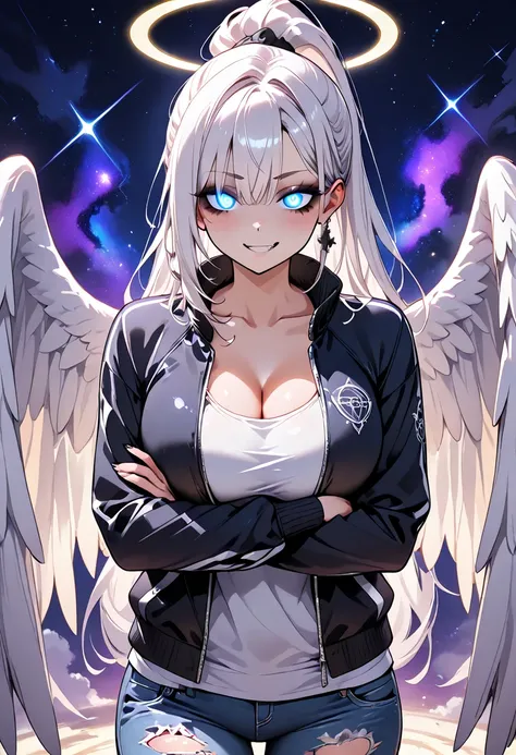 a white haired angel, punk style, tough expression, arms crossed, dark eyeliner, glowing eyes, open varsity jacket with rips in it, torn jeans, long ponytail, cosmic background, mature, wings, cleavage, adult