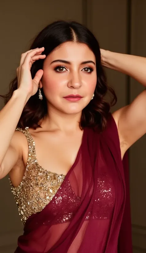 Generate a close up front image of a woman in a maroon semi transparent sleeveless saree. The blouse is golden colour with mirror sequins. It has no sleeves and has a golden satin finish. The woman is giving a sexy, seductive and bold. Her hands are up adj...