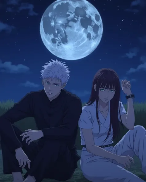 Create the image of Satoru Gojo from Jujutsu Kaisen, blue, white hair, blue eyes,sitting, next to, of a woman, Green-eyed with dark brown hair, and long , At night with the moon and stars filling the sky.
