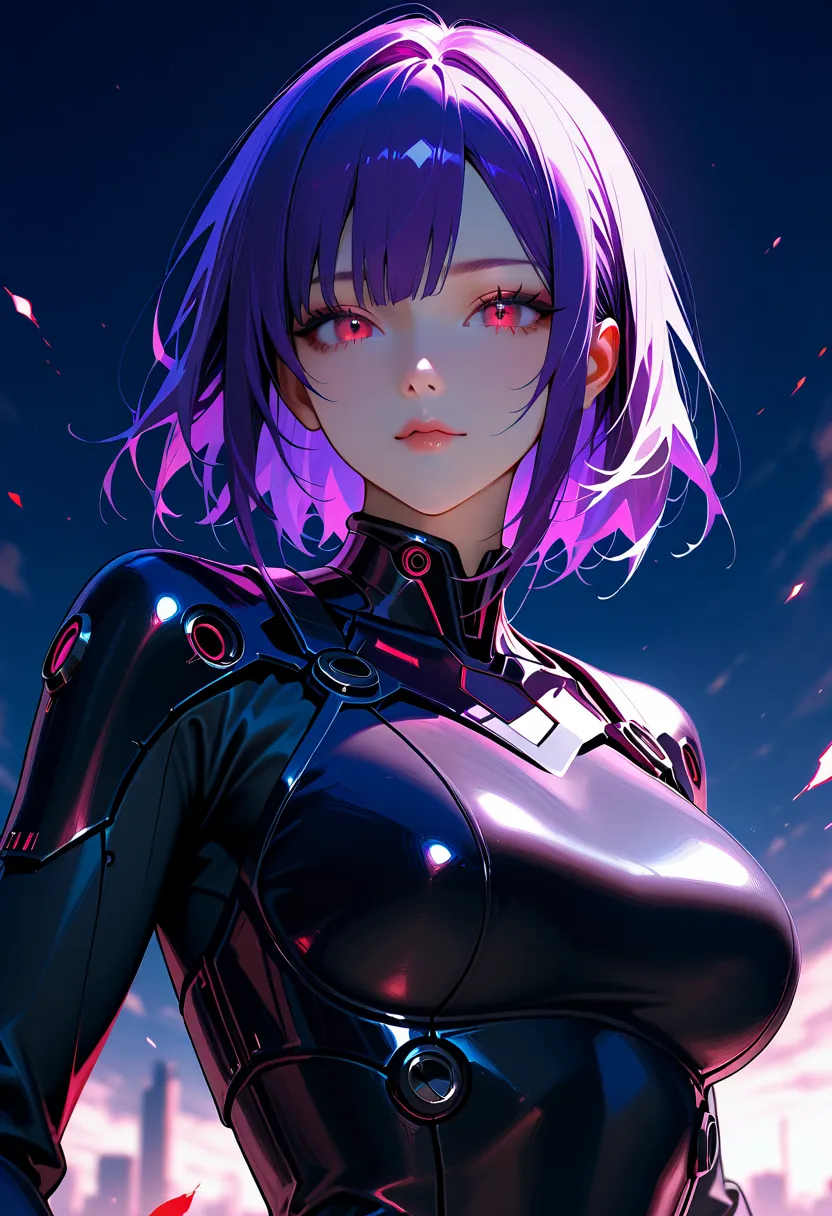 A woman with long, purple hair, light pink-red eyes, a beautiful face, and wearing black high-tech steel armor.