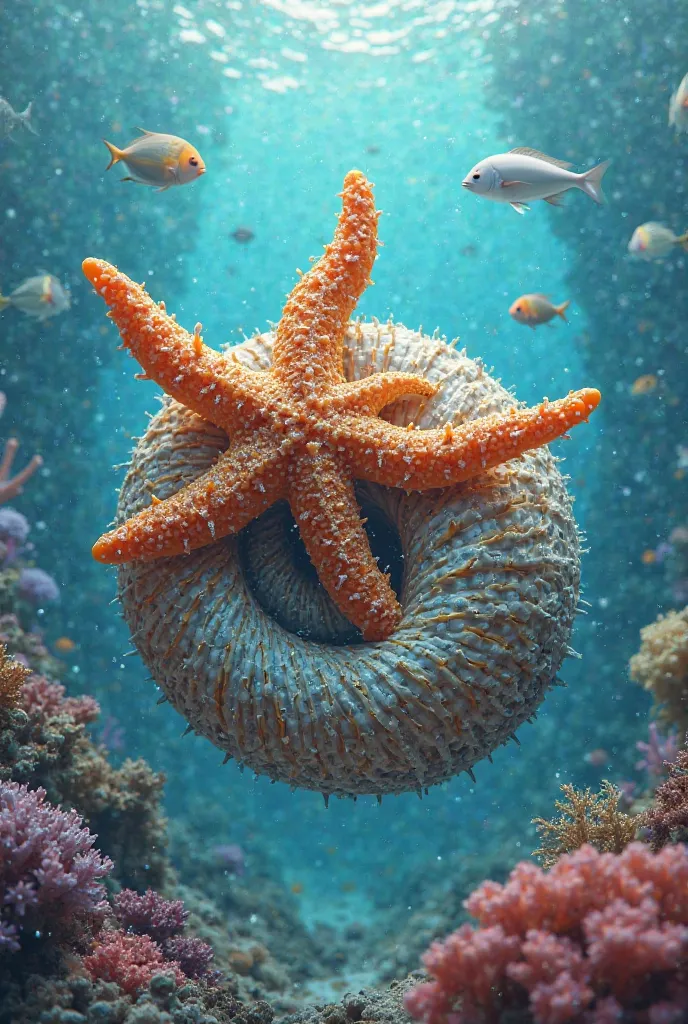 Starfish fuse with sea snail in realistic image 