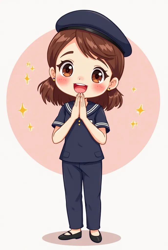 A cute cartoon style illustration of a brown-haired girl, wearing a dark blue short-sleeved uniform, slacks and a cap as the highlights, black pumps. She has a cheerful expression, big round eyes and a wide smile. She raises her two hands together in a Tha...