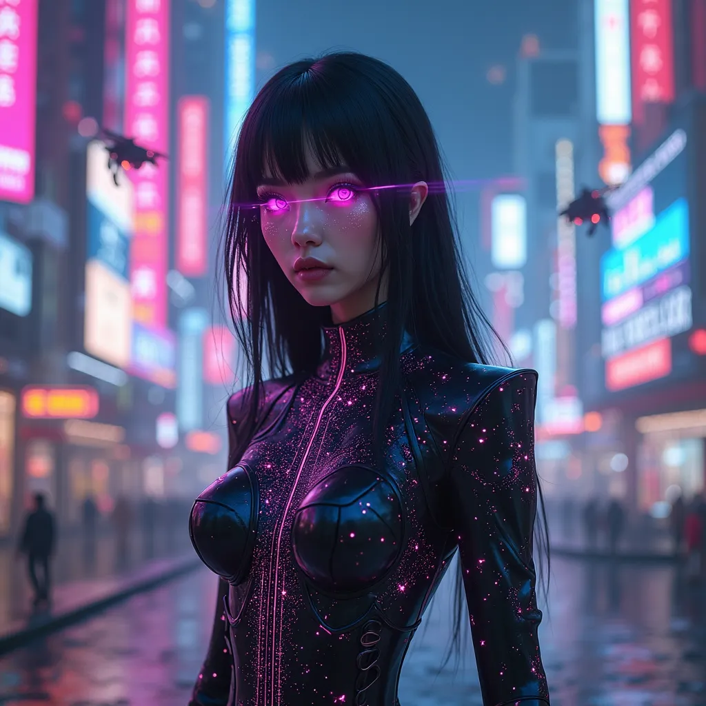 A striking raven-haired woman with a cyberpunk aesthetic stands with effortless confidence. Her sleek, jet-black hair flows with an iridescent sheen, reflecting flashes of neon pink and electric blue. Her piercing violet eyes glow softly with a high-tech a...