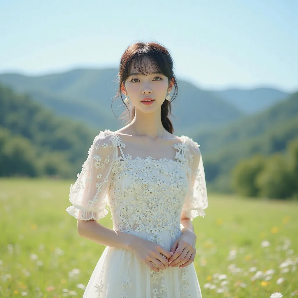 In 8K, Highest quality :1.4,   Multiply by  (Ultra High Resolution ):1.5, ( photorealistic:1.4),​masterpiece:1.2,( Highest quality :1.4)、  RAW photo、 ( The    :1.4), (   The white floral dress that shines ),   Japanese woman,   it's cute , Age 30:1.2、   be...