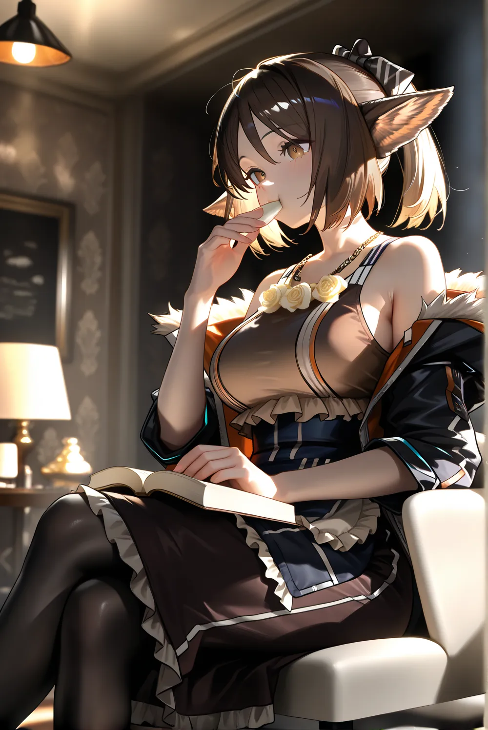 1female,((朝のカフェ))。open jacket, waist apron, perfumer, bare arms, bare shoulder, waist apron perfumer sp, pencil skirt, black pantyhose,, brown dress,((perfumer)),((perfumer_\(arknights\))), perfumer_\(arknights\)。, eating at a restaurant。crossed legs,Black...