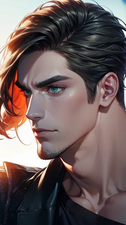 (  better quality,4K,8k,   highres,  masterpiece :1.2),   ultra-detailed  ,(Realistic,photoRealistic,photo-Realistic:1.37),36-year-old man,3 day beard,Beautiful anime,Portraits,strong,masculine,   with dark hair  ,sharp jaw,    mesmerizing green eyes   ,  ...