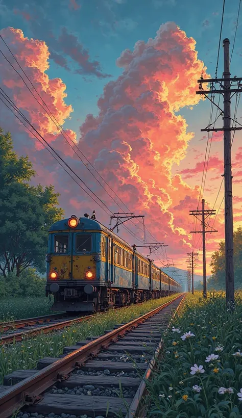 The image is a stunning anime-style illustration of an old electric train traveling along a railway track surrounded by lush greenery and wildflowers. The train has a weathered blue and yellow exterior, with headlights glowing as it moves forward. It consi...