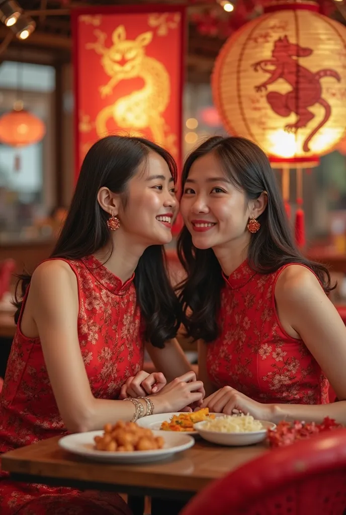 "Two young women celebrating Chinese New Year, both dressed in elegant red traditional attire. The women are positioned in a lively restaurant setting, with a prominent zodiac rat (Shio Tikus) symbol displayed in the background. The atmosphere is festive, ...