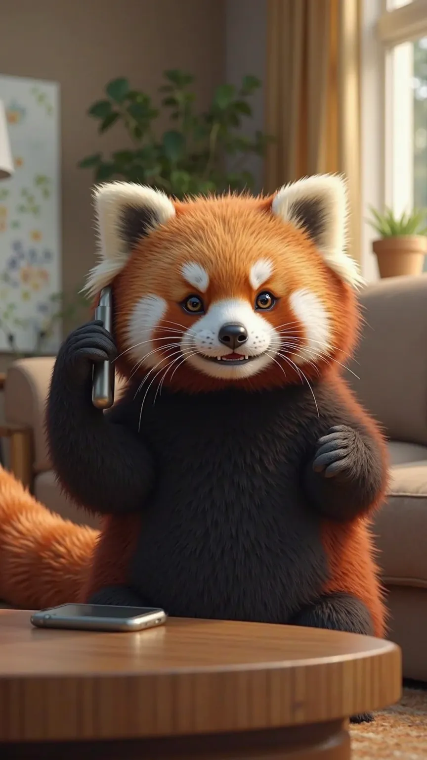 Create an ultra-realistic image of a red panda with the same appearance as the one in the provided photo, featuring its distinctive fluffy orange and white fur pattern. The red panda should be in the living room of a house, holding an iPhone 16 to its ear ...