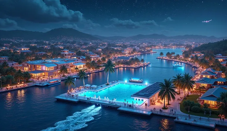 A futuristic floating town illuminated under a starry night sky, where solar-paneled houses glow with cyan and magenta LED lights and glass-greenhouse gardens radiate soft, bioluminescent hues. The surf pool’s wave machines pulse with underwater neon-blue ...