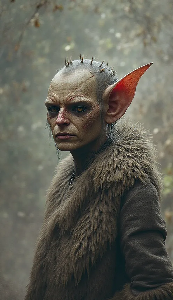 arafed man in a fur coat with spikes on his head, a character portrait by maxim verehin, cgsociety contest winner, digital art, goblin female portrait, portrait of a goblin, hyperdetailed fantasy character, portrait of a slender elven man, portrait of an e...