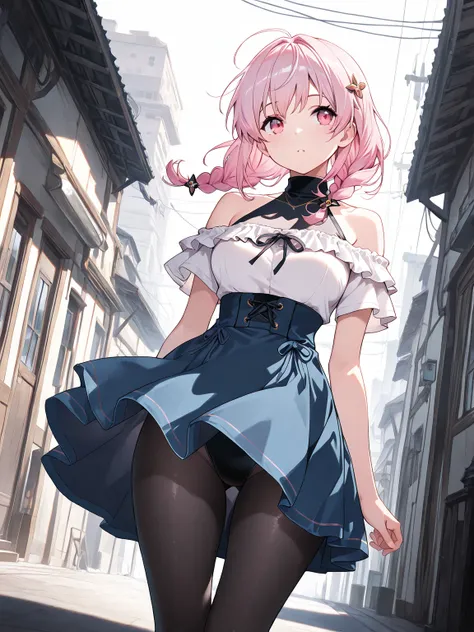 1girl, (pink hair, twin low-braided medium hair, pink eyes), off-shoulder white shirt, short sleeves, black turtleneck halter leotard, leotard under clothes, high-waist skirt, blue skirt, frills, hair ornament, black pantyhose, cinematic angle,, (masterpie...