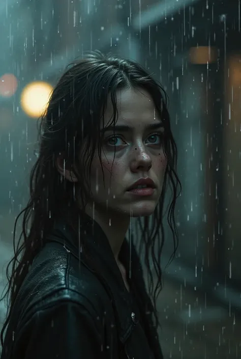 a woman crying in the rain. The ratio of the image will be 16:9 and size 1280×720 pixel 