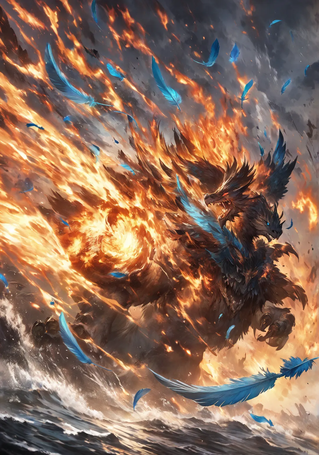  burning nature and water , Gryphon with blue feathers being attacked,  Anime Fantasy Illustrations ,  anime fantasy art ,