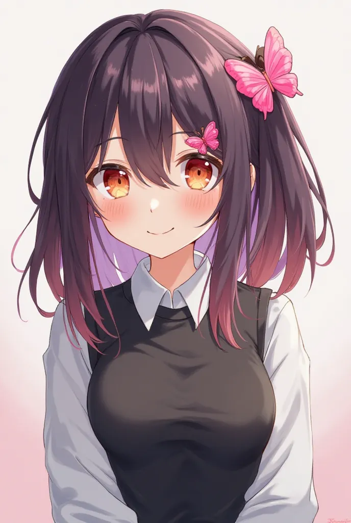  A female anime character,dark purple hair with a slight red tinge length of the waist,wears pink butterfly hairpin accessories on the right part of the hair,bright orange eyes,dressed in a black shirt with long white sleeves and a white collar,his face is...